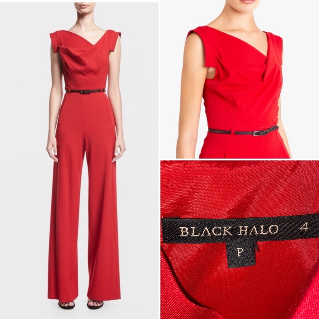 Black Halo Jackie O Red Belted Wide Leg Jumpsuit Size 4 P (33”Inseam) Euc